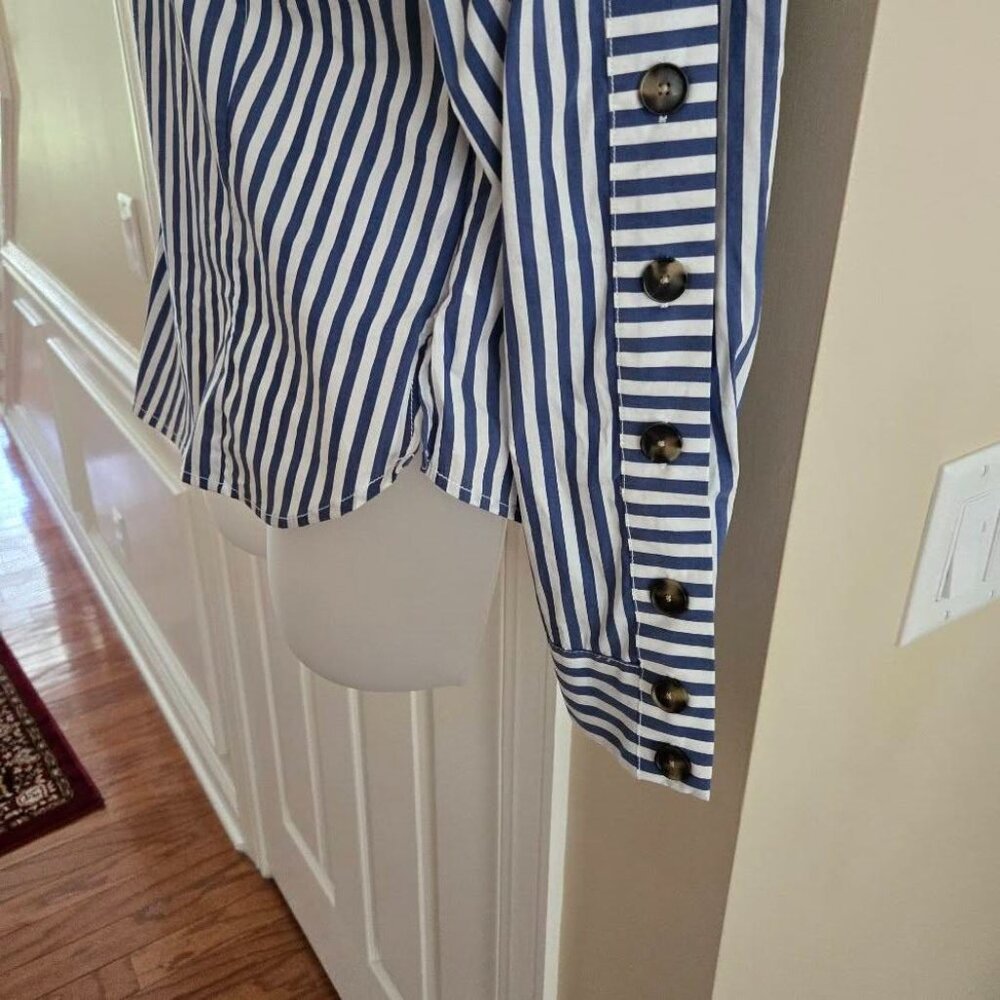 Veronica Beard Fauri Striped Off-The-Shoulder Long Sleeve Shirt Size 4 - Picture 7 of 16